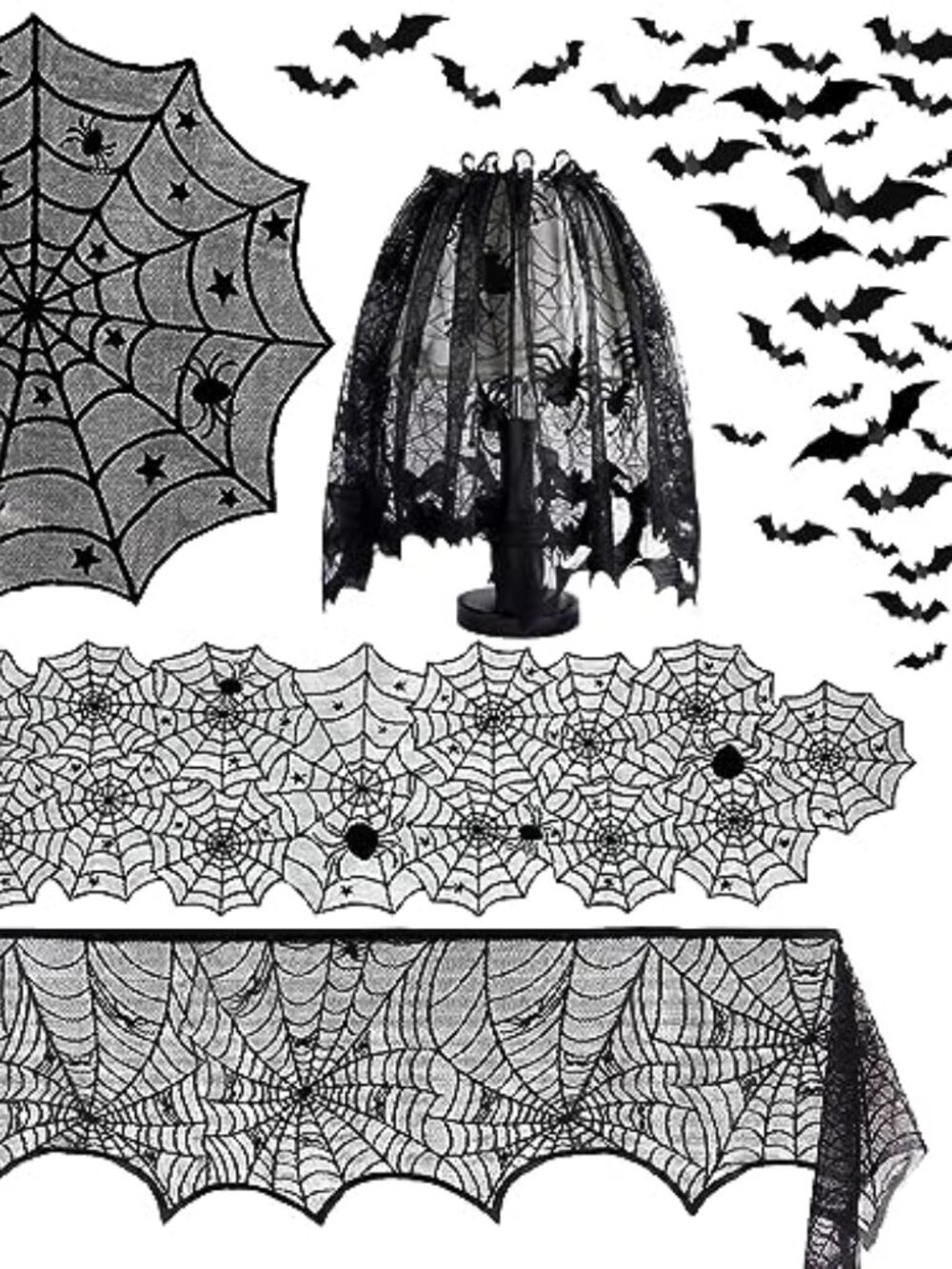 5Pack Halloween Spiderweb Tablecloth Runner Fireplace Scarf Lampshade Bats